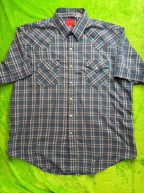 Plains Western Wear XL Plaid Button-Up Shirt Blue